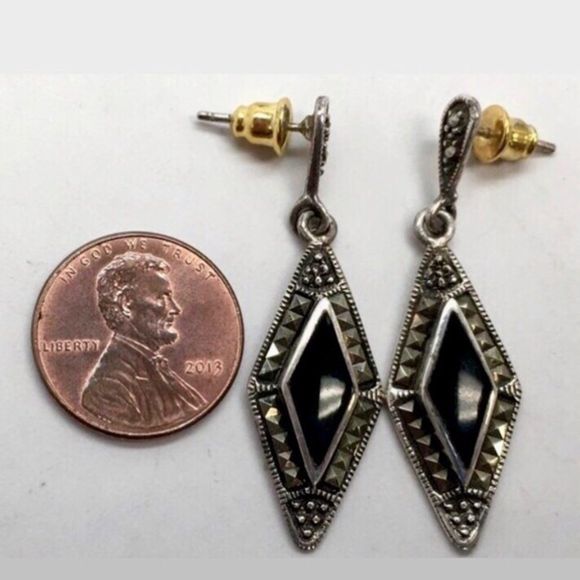 Sterling Silver Marcasite Onyx Drop VTG Earrings - Picture 7 of 14